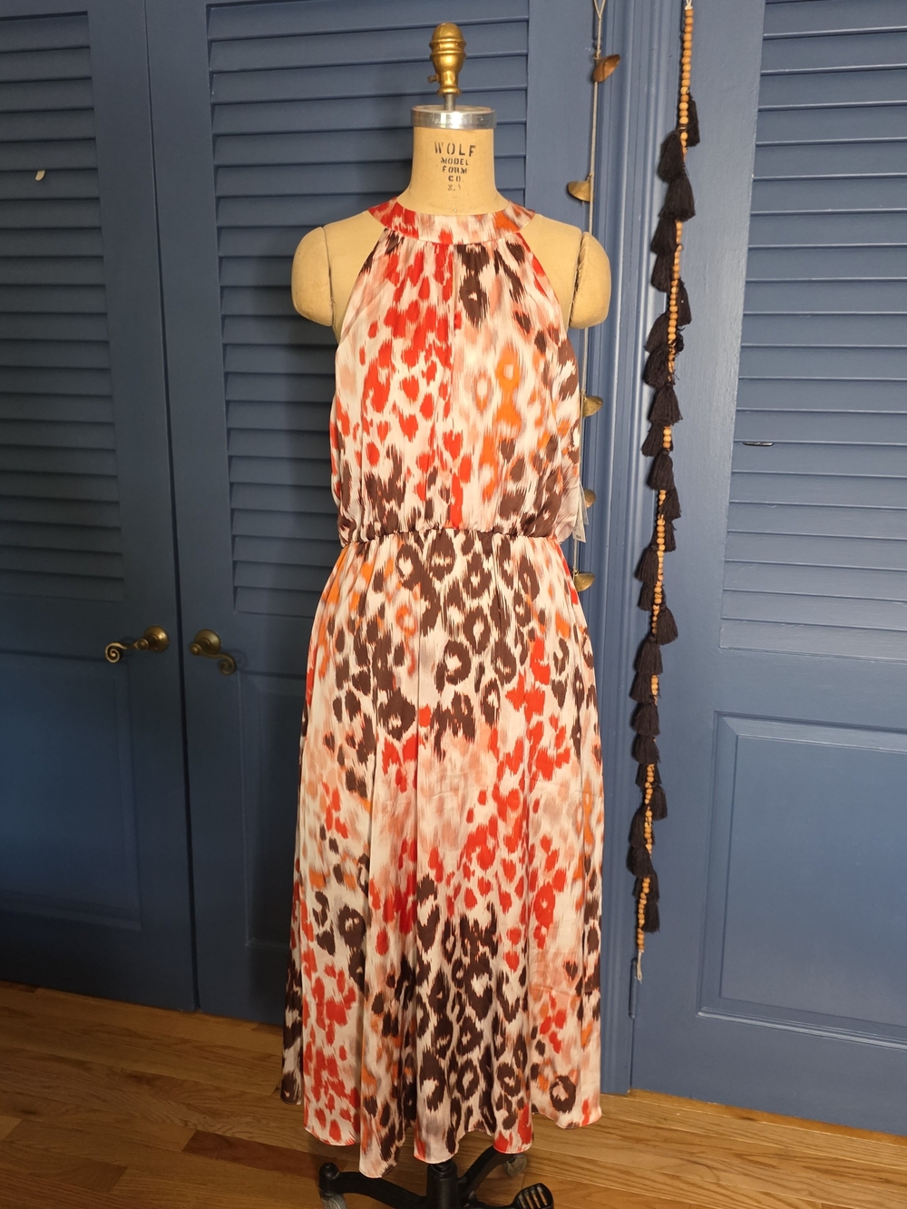 Bar III Halter Midi Dress in Orange, Brown and Cream